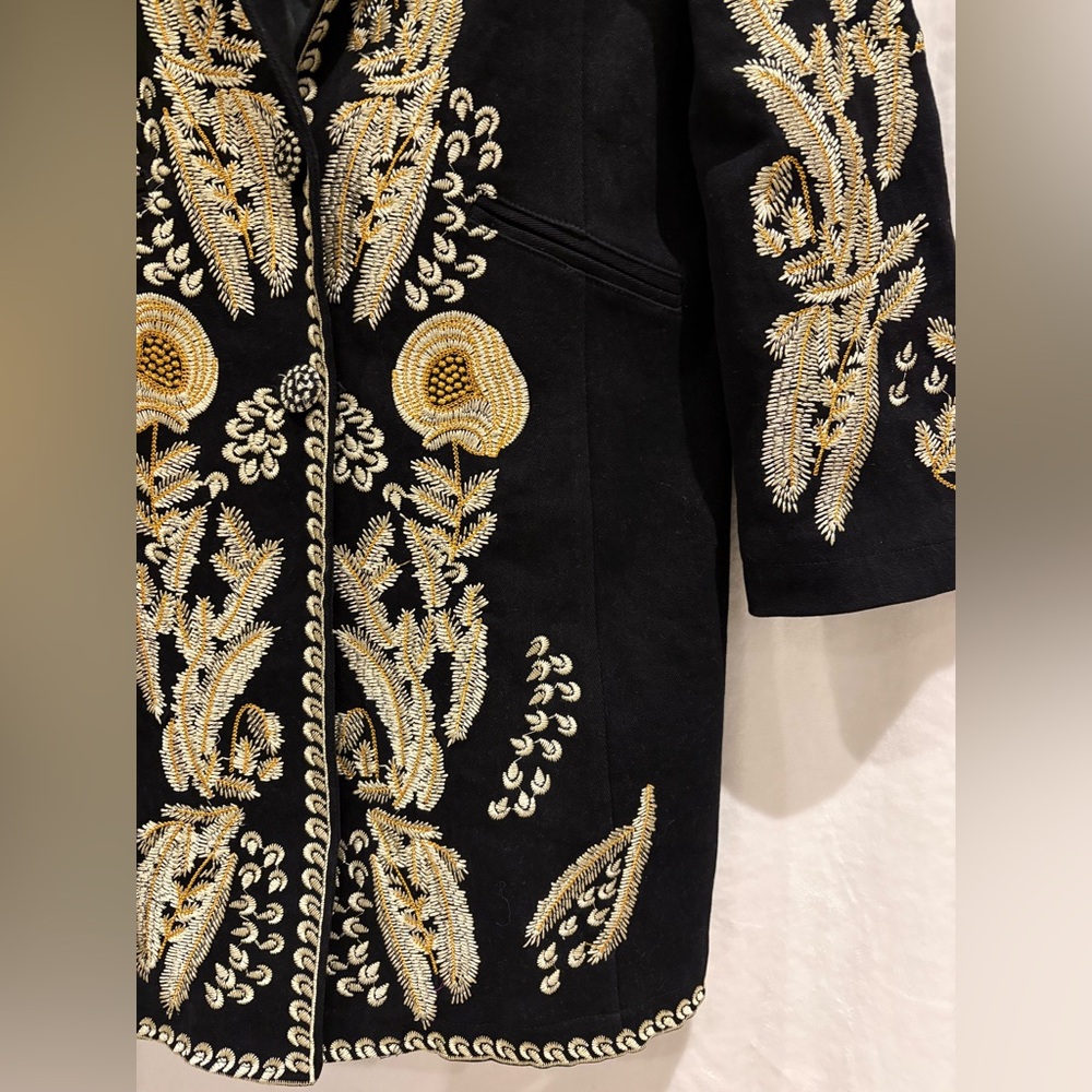 PAPARAZZI BY BIZ Jacket Black Twill  Floral Embroidered Boho Coat M W/Pockets - Picture 2 of 8